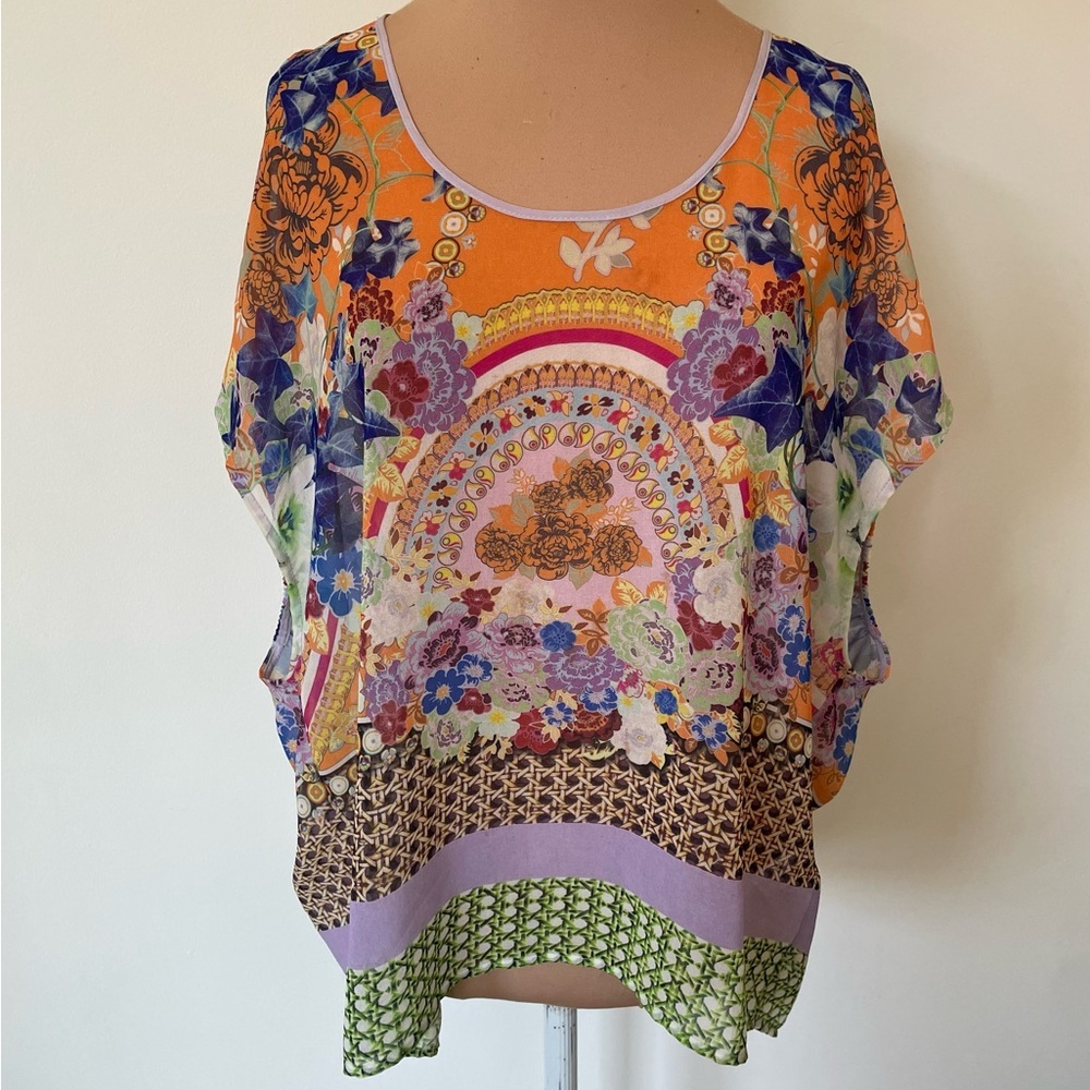 Clover Canyon Cold Shoulder Multicolor Geometric Printed Semi-Sheer Blouse Sz S